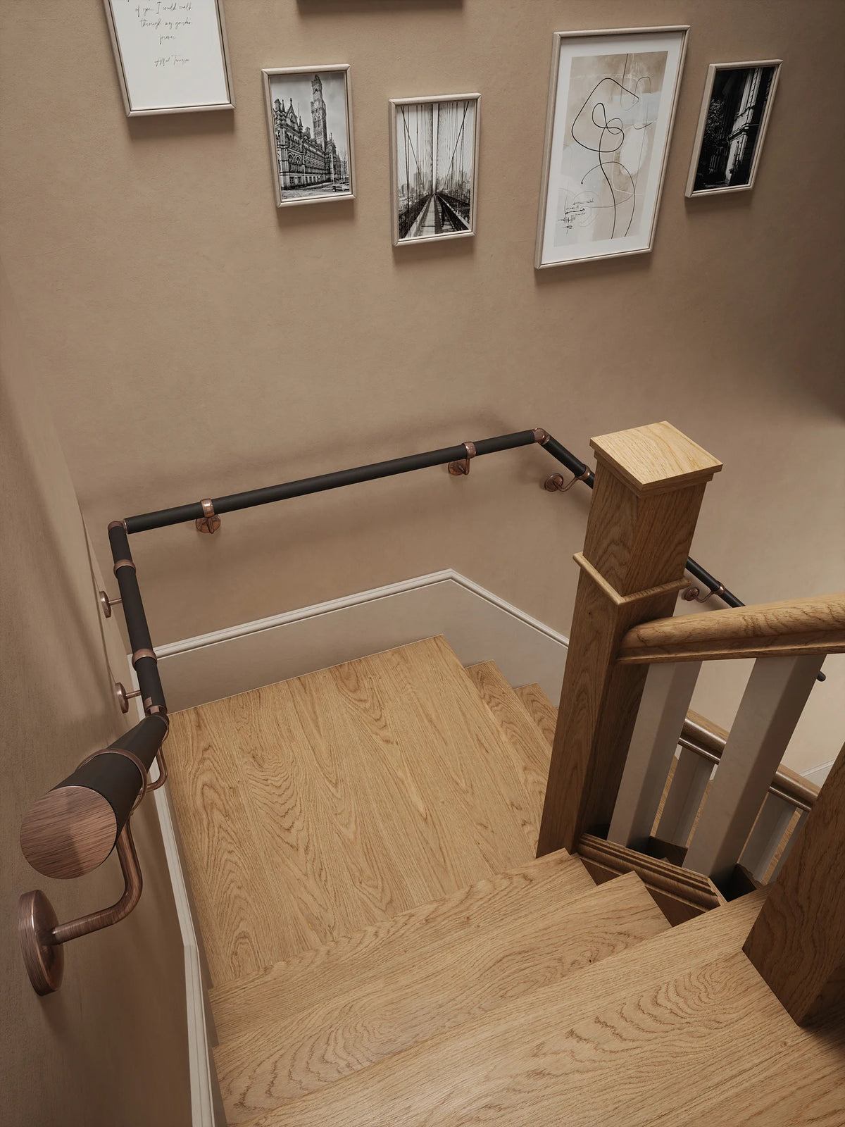 Burcot Espresso Leather Quarter Landing Handrail with Sambourne Antique Copper brackets