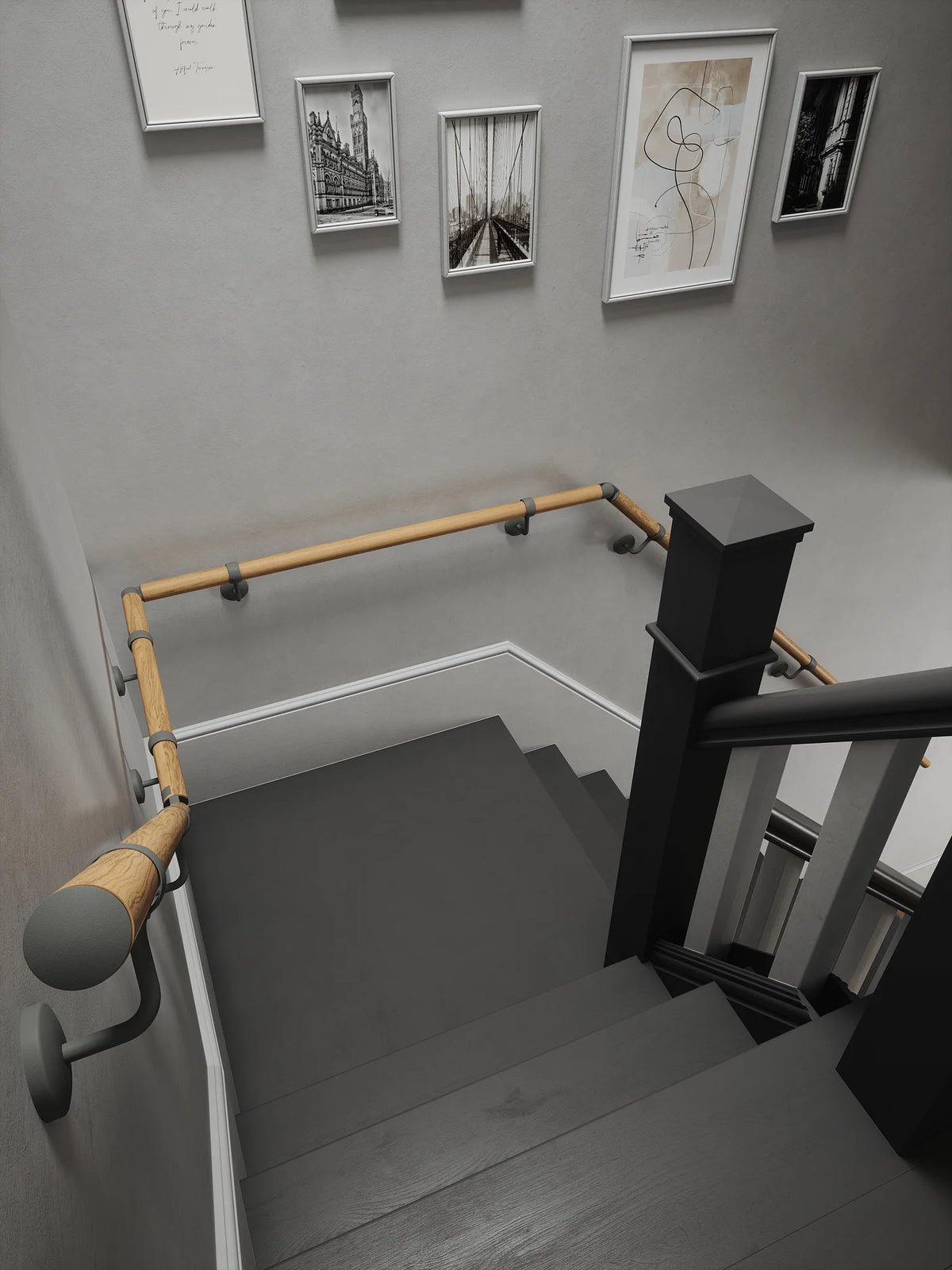 Packwood Light Oak Quarter Landing Handrail with Luddington Textured Grey brackets