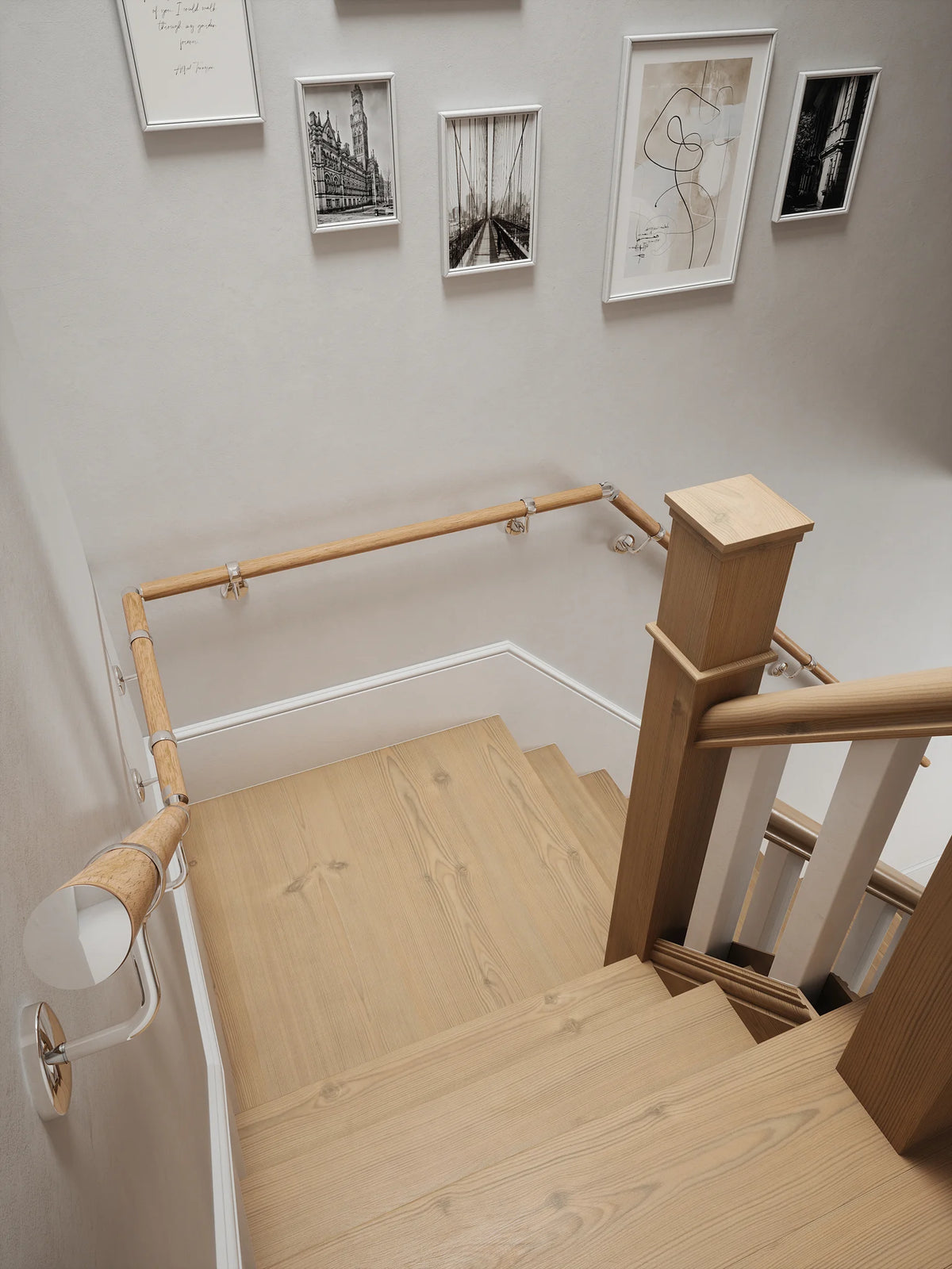 Stoneleigh Red Oak Quarter Landing Handrail with Radway Chrome brackets