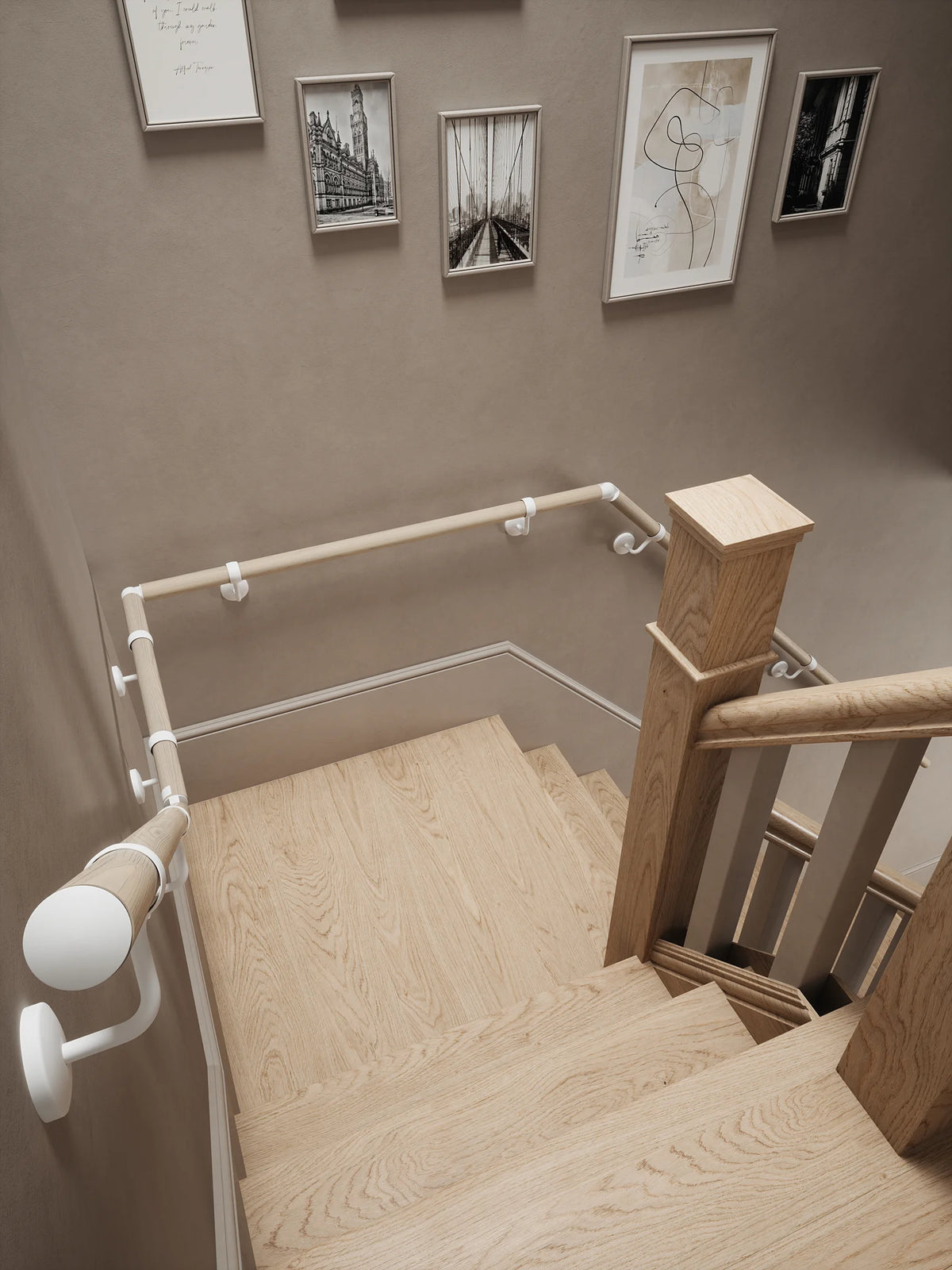 View down the quarter landing stairs showing the Ryton Teak Quarter Landing Handrail with Edstone Matt White brackets