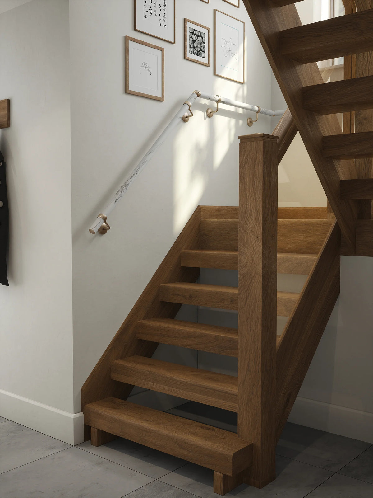 Montford Soft White Marble Half Turn Handrail with Harbury Brushed Silver brackets
