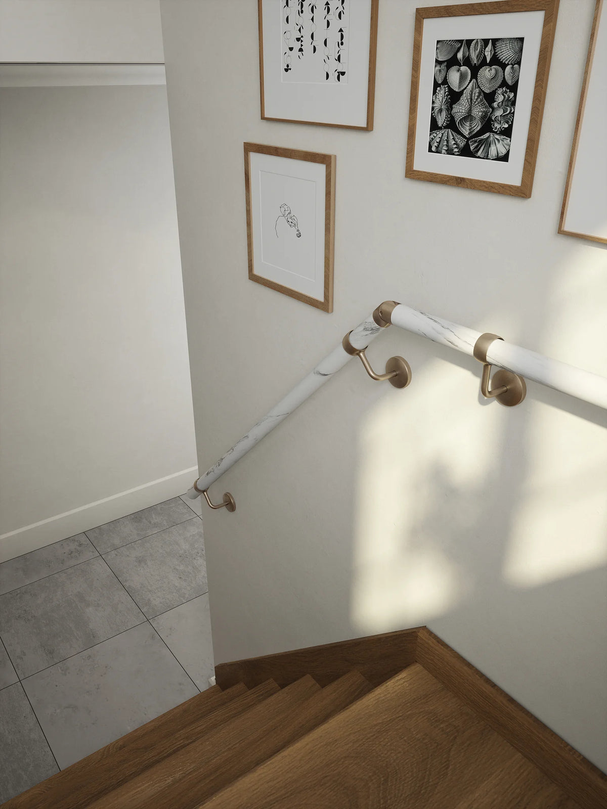 Montford Soft White Marble Half Turn Handrail with Harbury Brushed Silver brackets