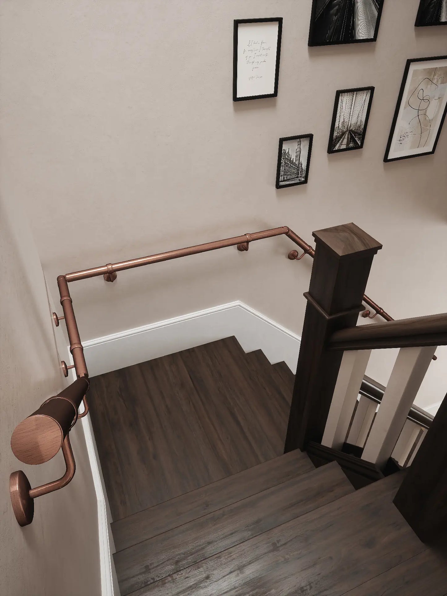 downward view Sambourne Antique Copper Quarter Landing Handrail