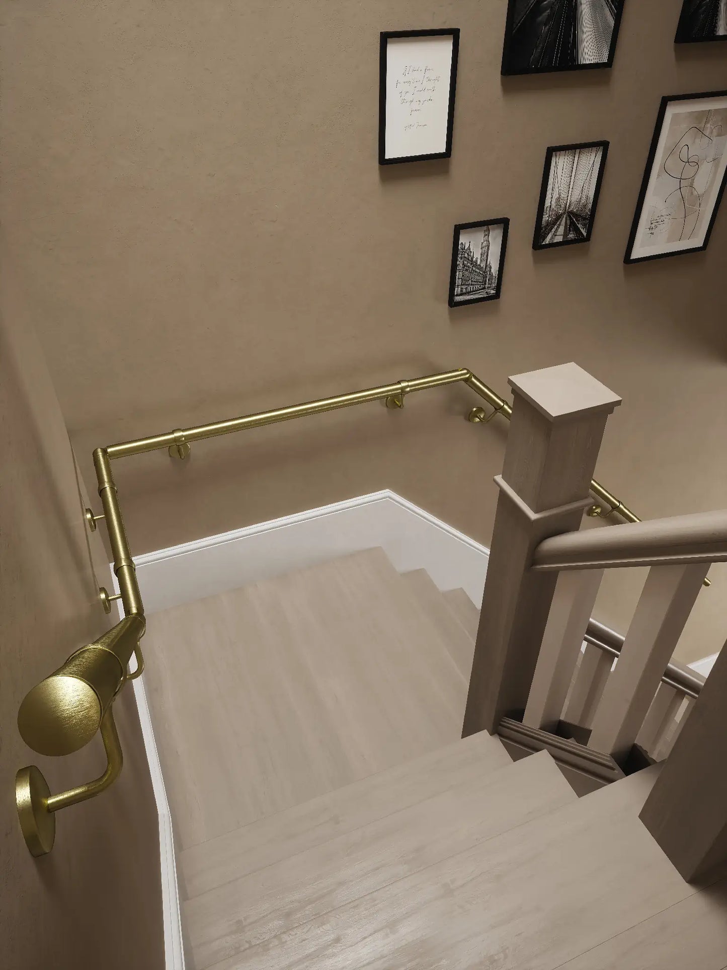 Close up Ashorne satin brass quarter landing handrail