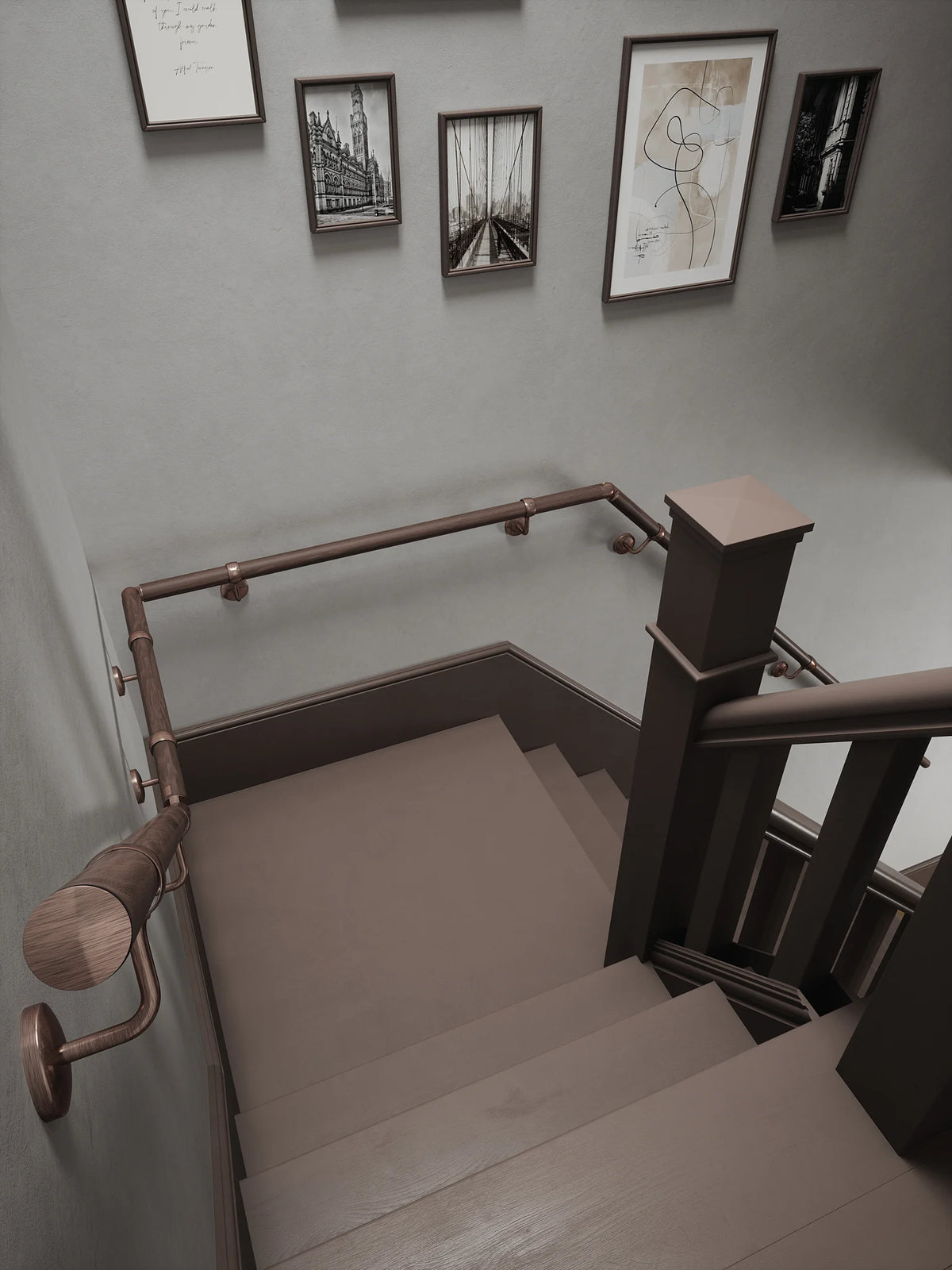Wroxall Ebony Quarter Landing Handrail with Sambourne Antique Copper brackets