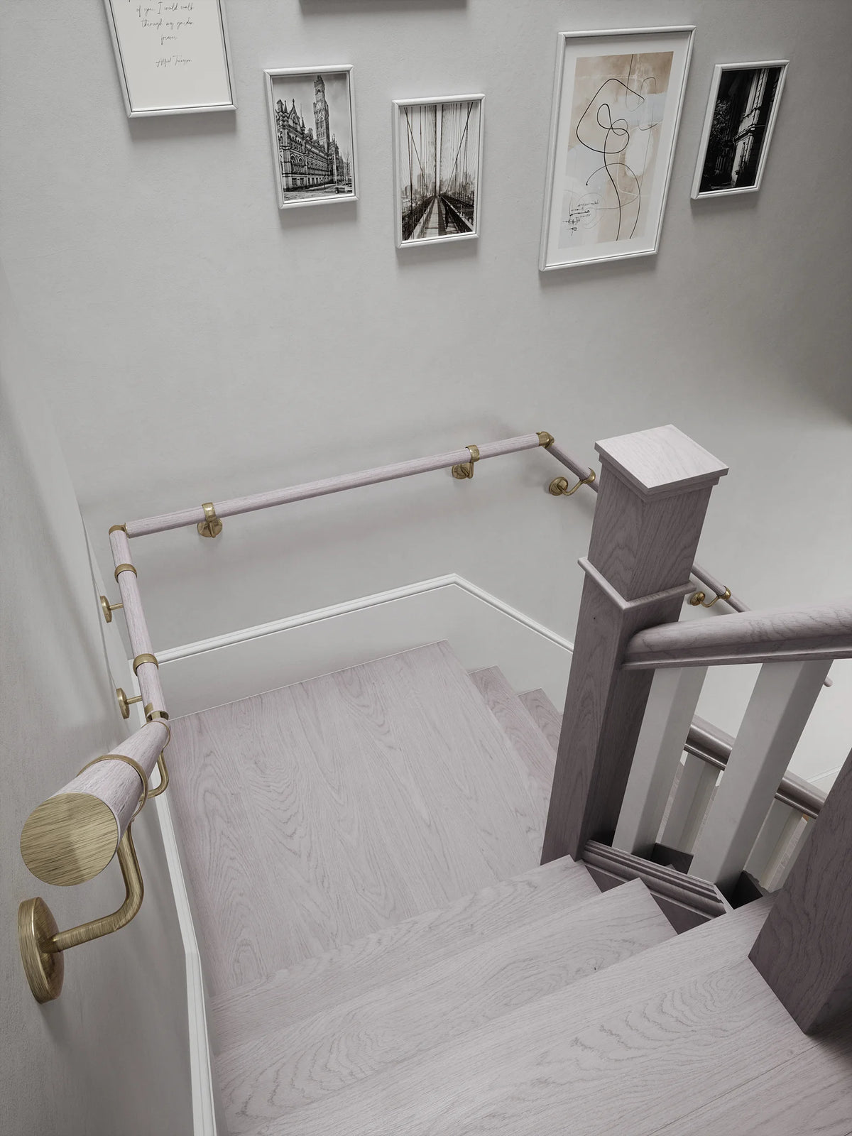 Pattingham Grey Wood Quarter Landing Handrail with Loxley Antique Brass brackets