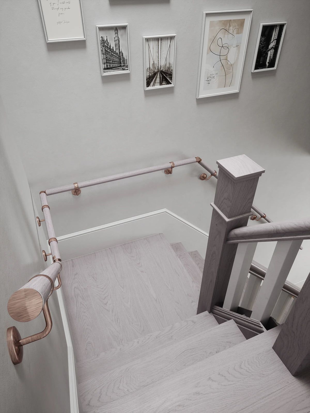 Pattingham Grey Wood Quarter Landing Handrail with Sambourne Antique Copper brackets
