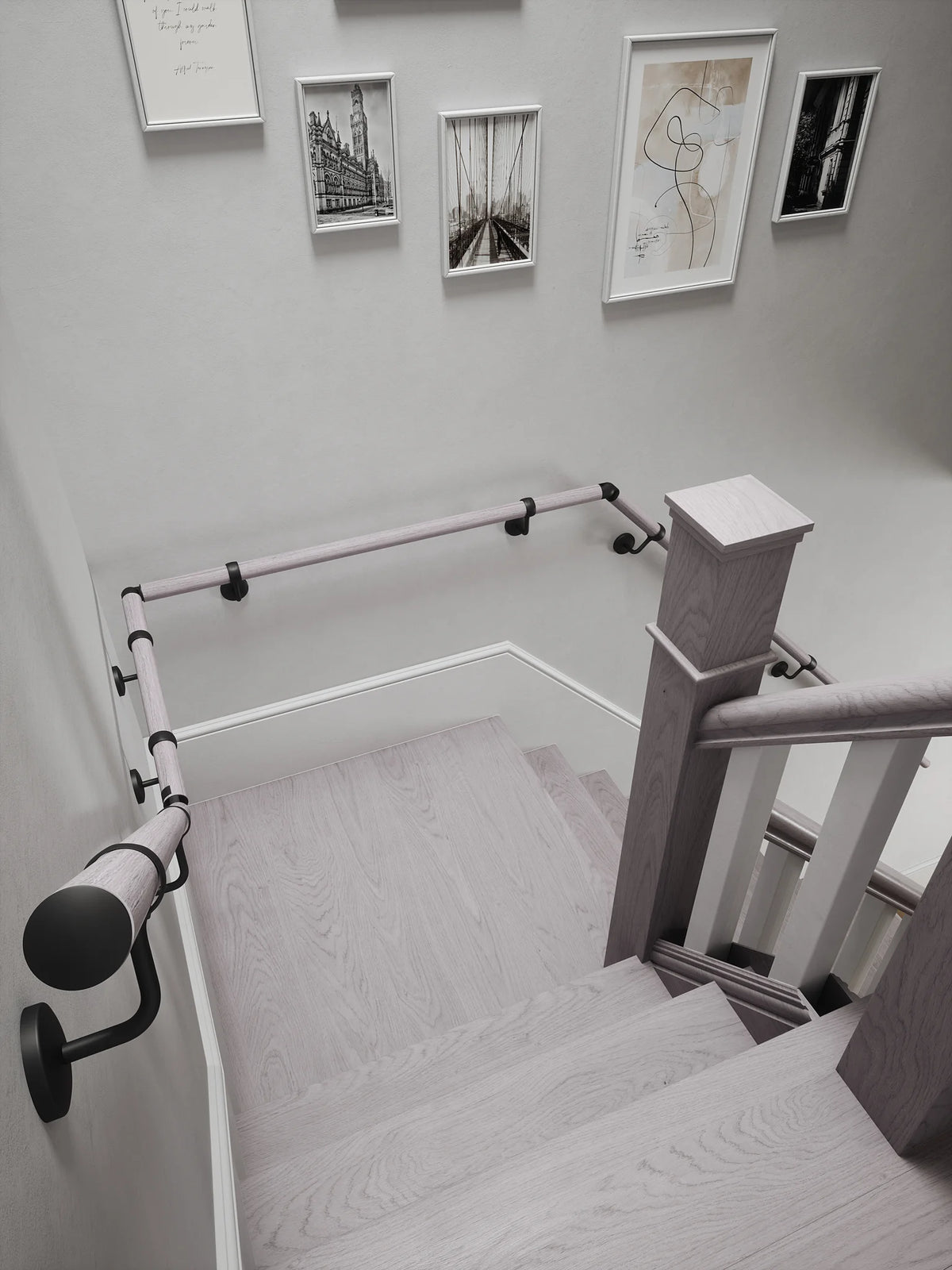 Pattingham Grey Wood Quarter Landing Handrail with Kineton Matt Black brackets