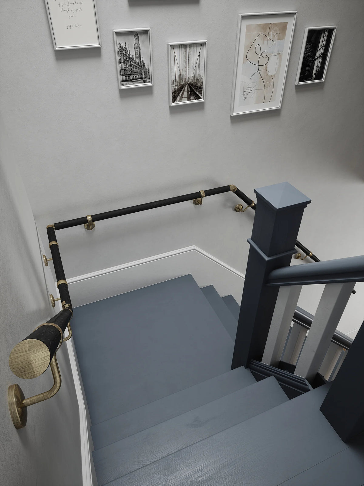 Blakedown Midnight Wood Quarter Landing Handrail with Loxley Antique Brass brackets