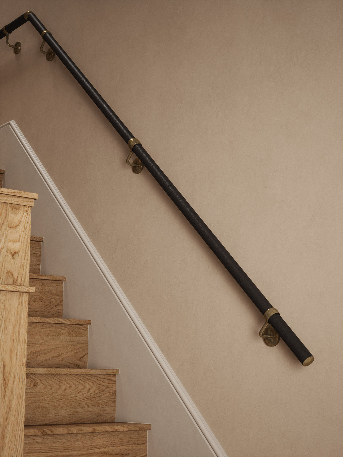 Burcot Espresso Leather Quarter Landing Handrail with Loxley Antique Brass brackets