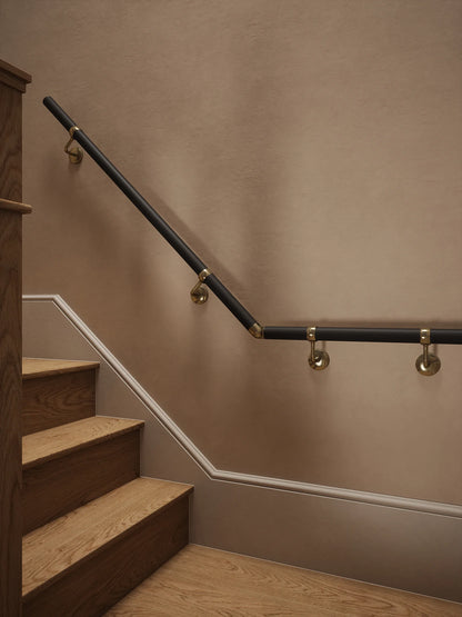 Burcot Espresso Leather Quarter Landing Handrail with Loxley Antique Brass brackets