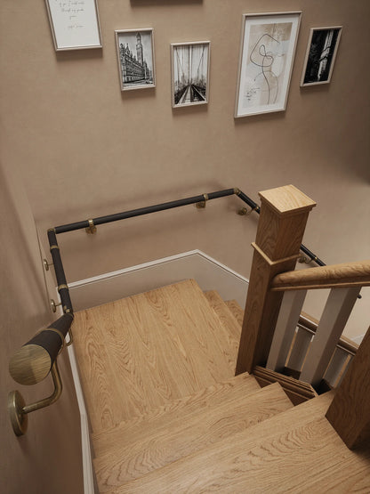 Burcot Espresso Leather Quarter Landing Handrail with Loxley Antique Brass brackets