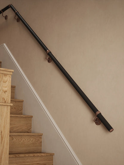 Burcot Espresso Leather Quarter Landing Handrail with Sambourne Antique Copper brackets