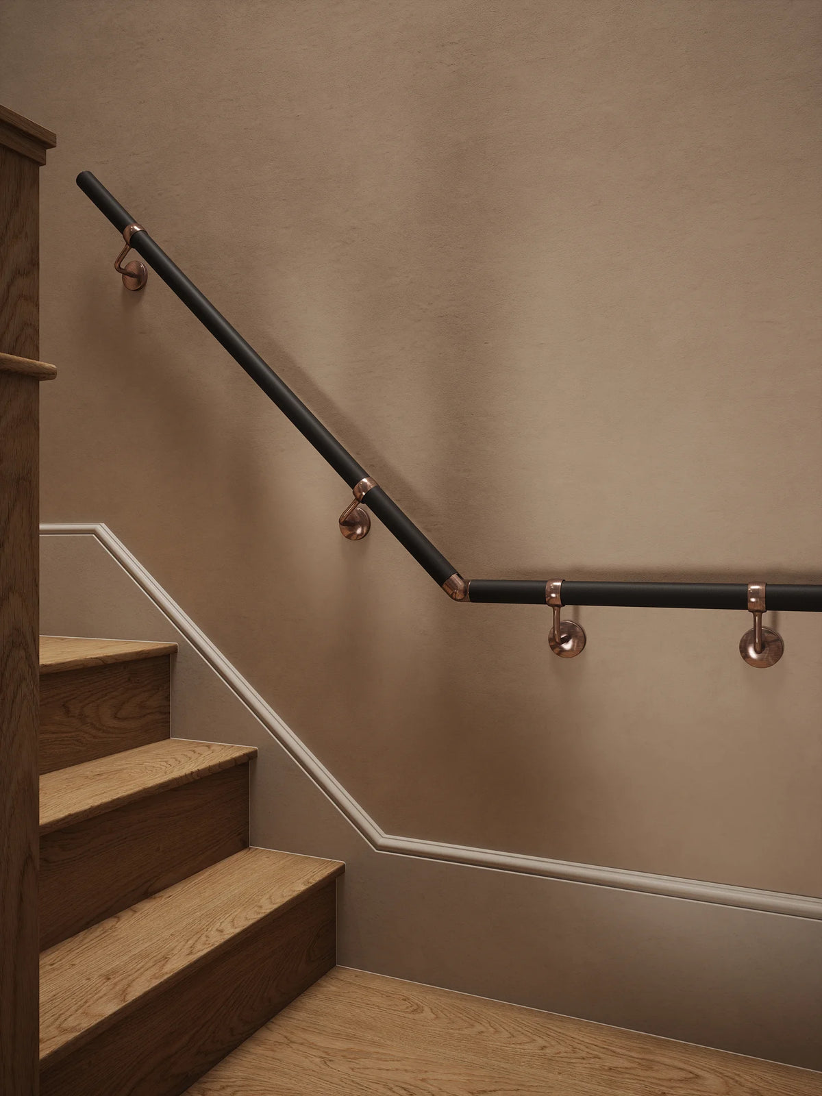 Burcot Espresso Leather Quarter Landing Handrail with Sambourne Antique Copper brackets