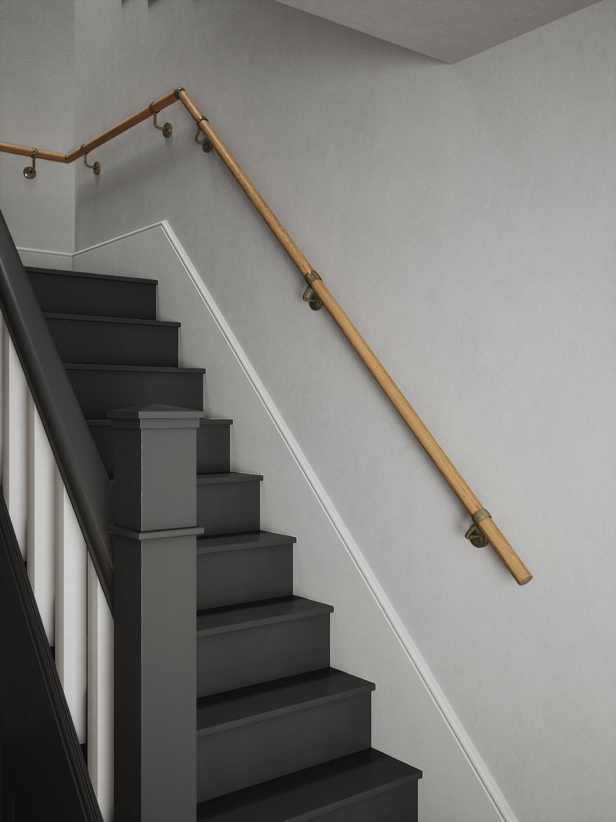 Packwood Light Oak Quarter Landing Handrail with Loxley Antique Brass brackets
