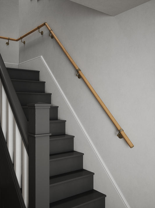 Packwood Light Oak Quarter Landing Handrail with Loxley Antique Brass brackets
