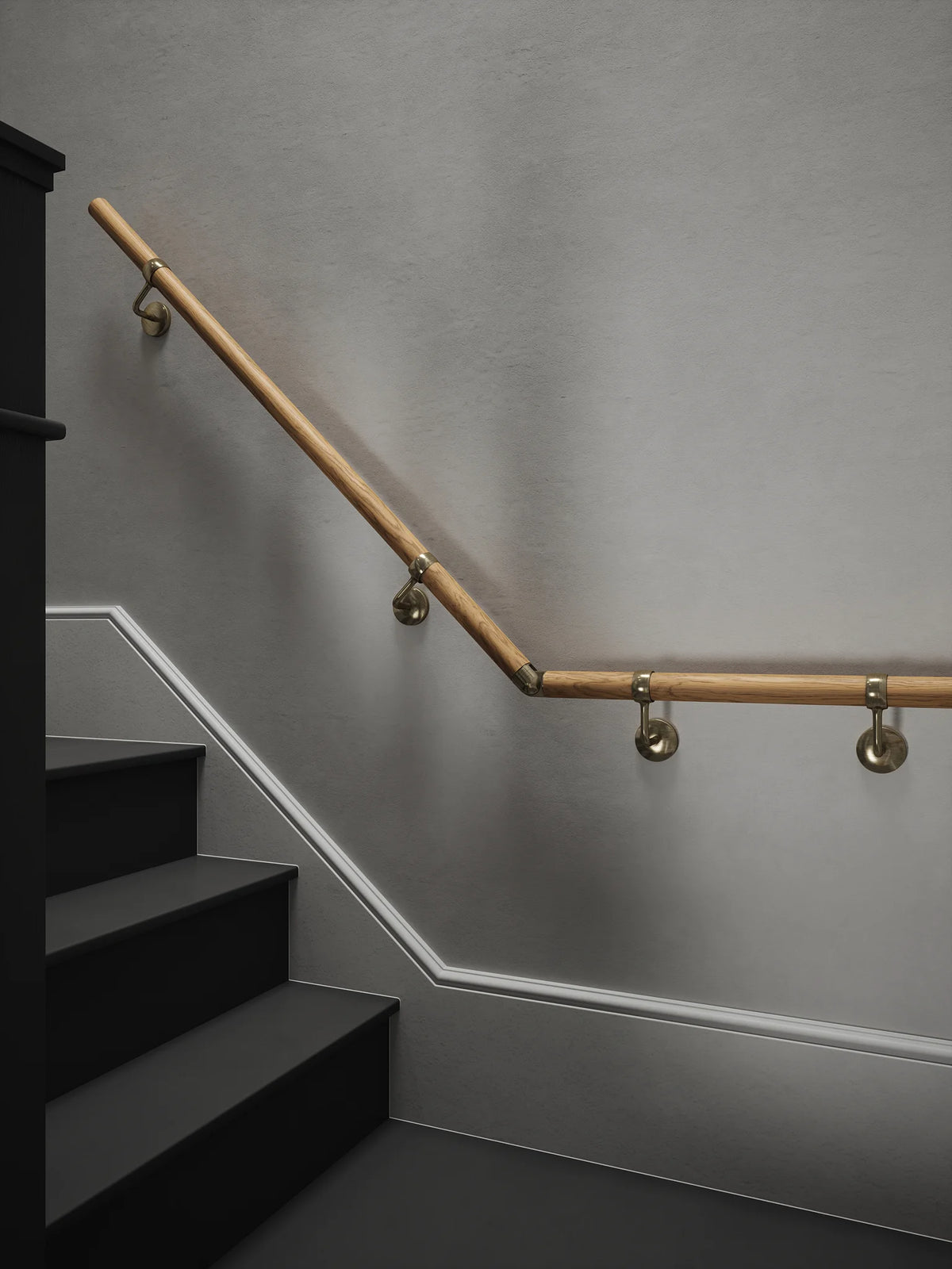 Packwood Light Oak Quarter Landing Handrail with Loxley Antique Brass brackets
