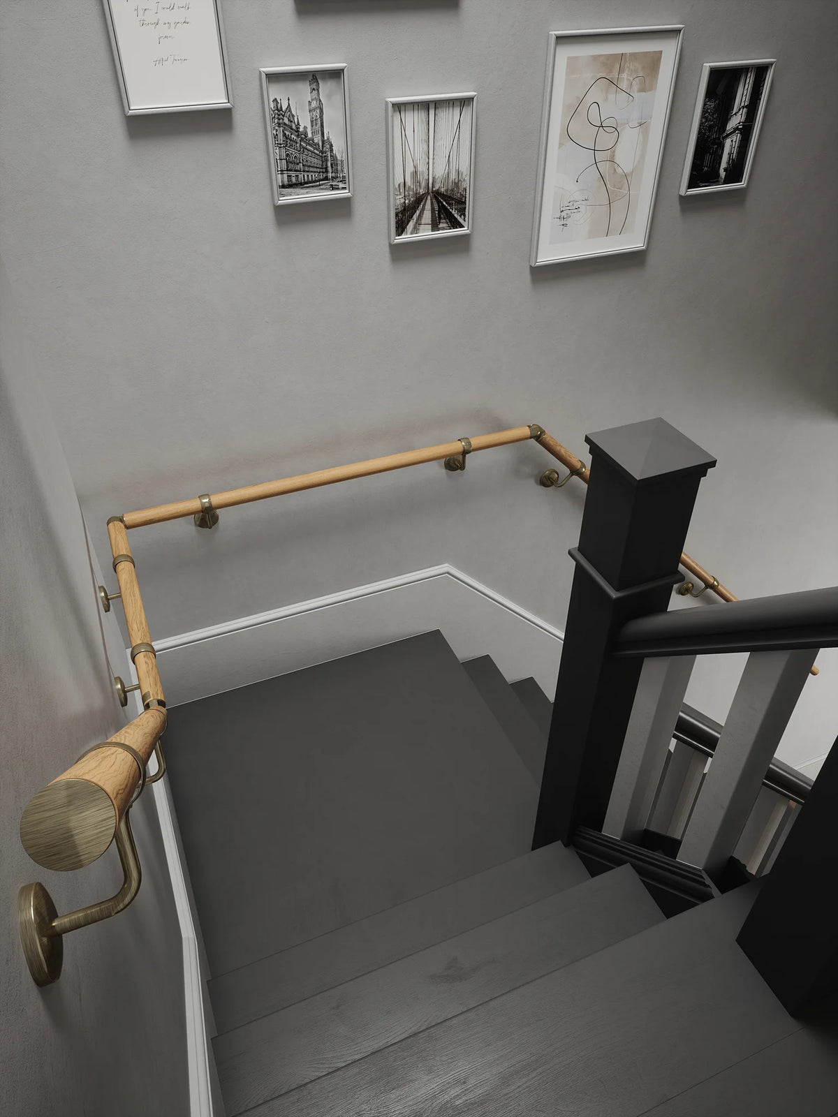 Packwood Light Oak Quarter Landing Handrail with Loxley Antique Brass brackets