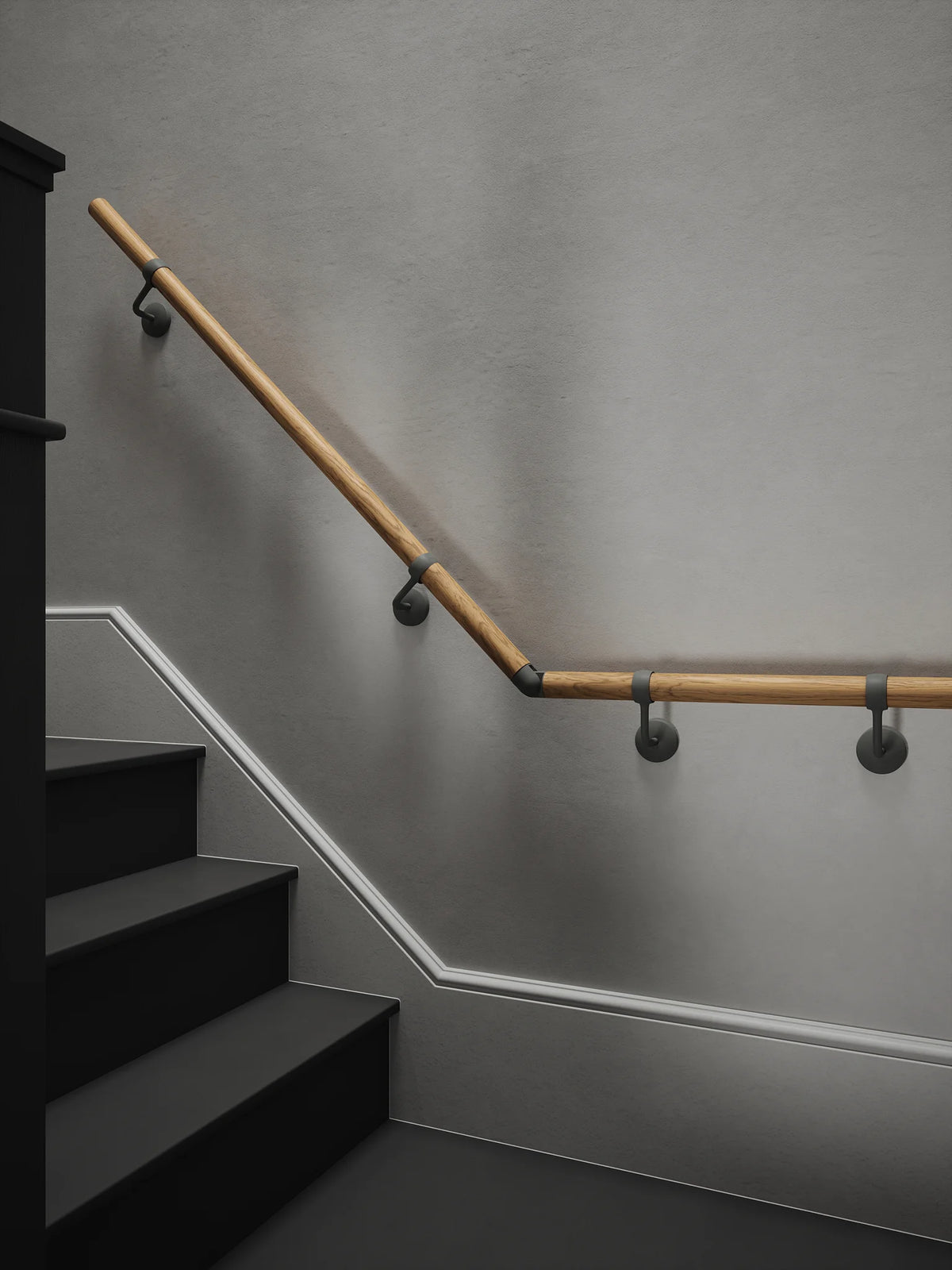Packwood Light Oak Quarter Landing Handrail with Luddington Textured Grey brackets