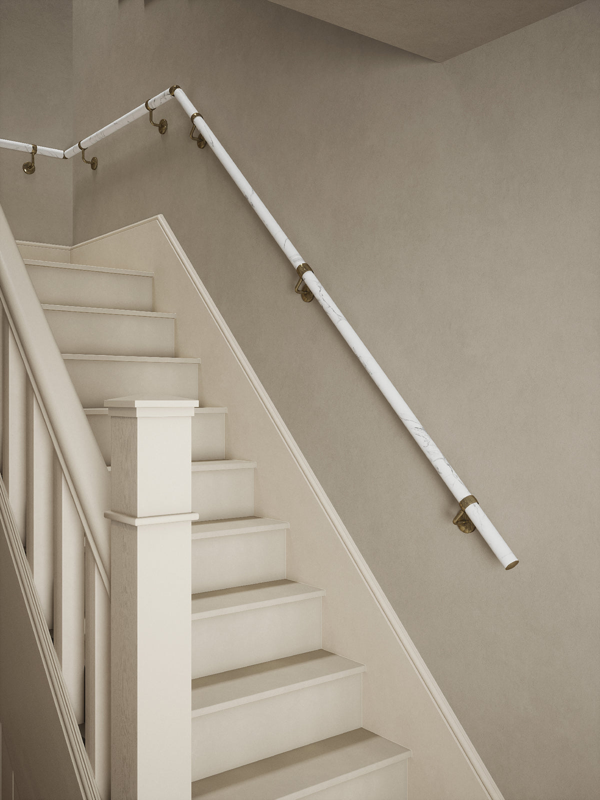 Montford Soft White Marble Quarter Landing Handrail with Loxley Antique Brass brackets