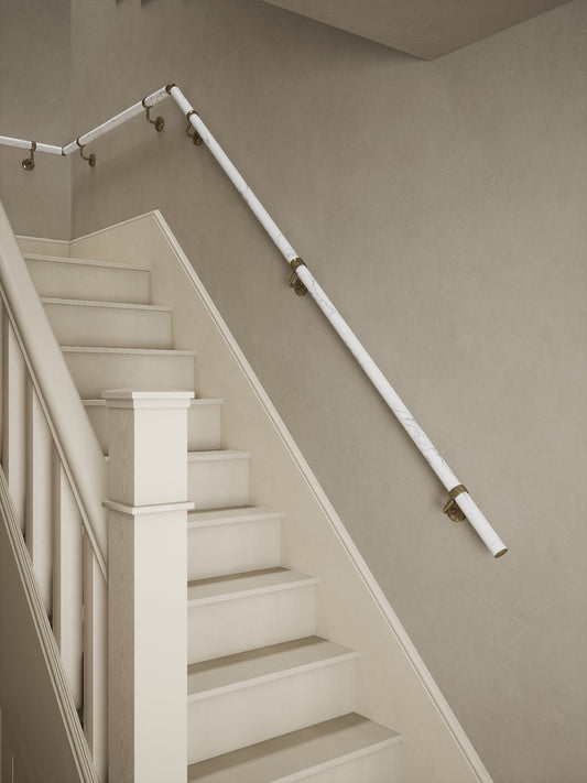Montford Soft White Marble Quarter Landing Handrail with Loxley Antique Brass brackets