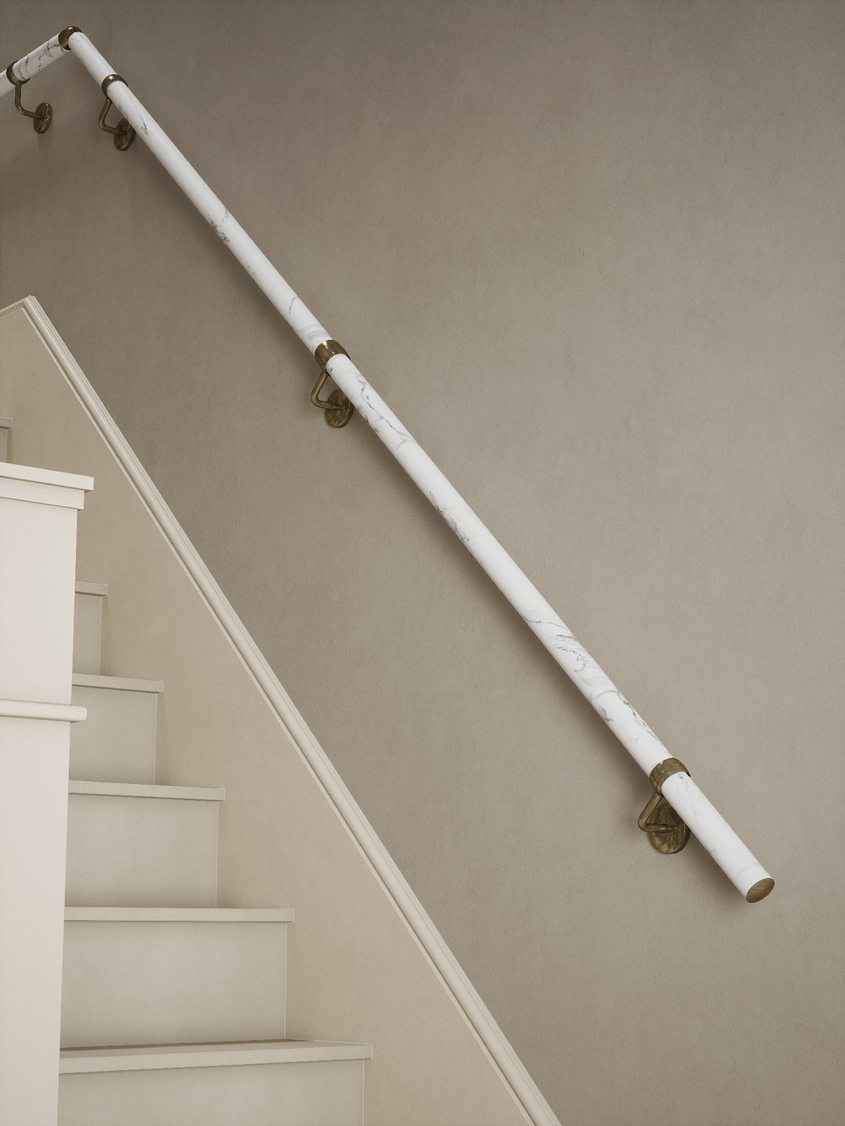 Montford Soft White Marble Quarter Landing Handrail with Loxley Antique Brass brackets