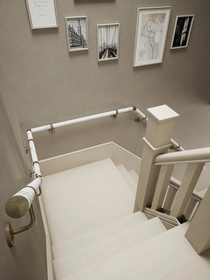 Montford Soft White Marble Quarter Landing Handrail with Loxley Antique Brass brackets