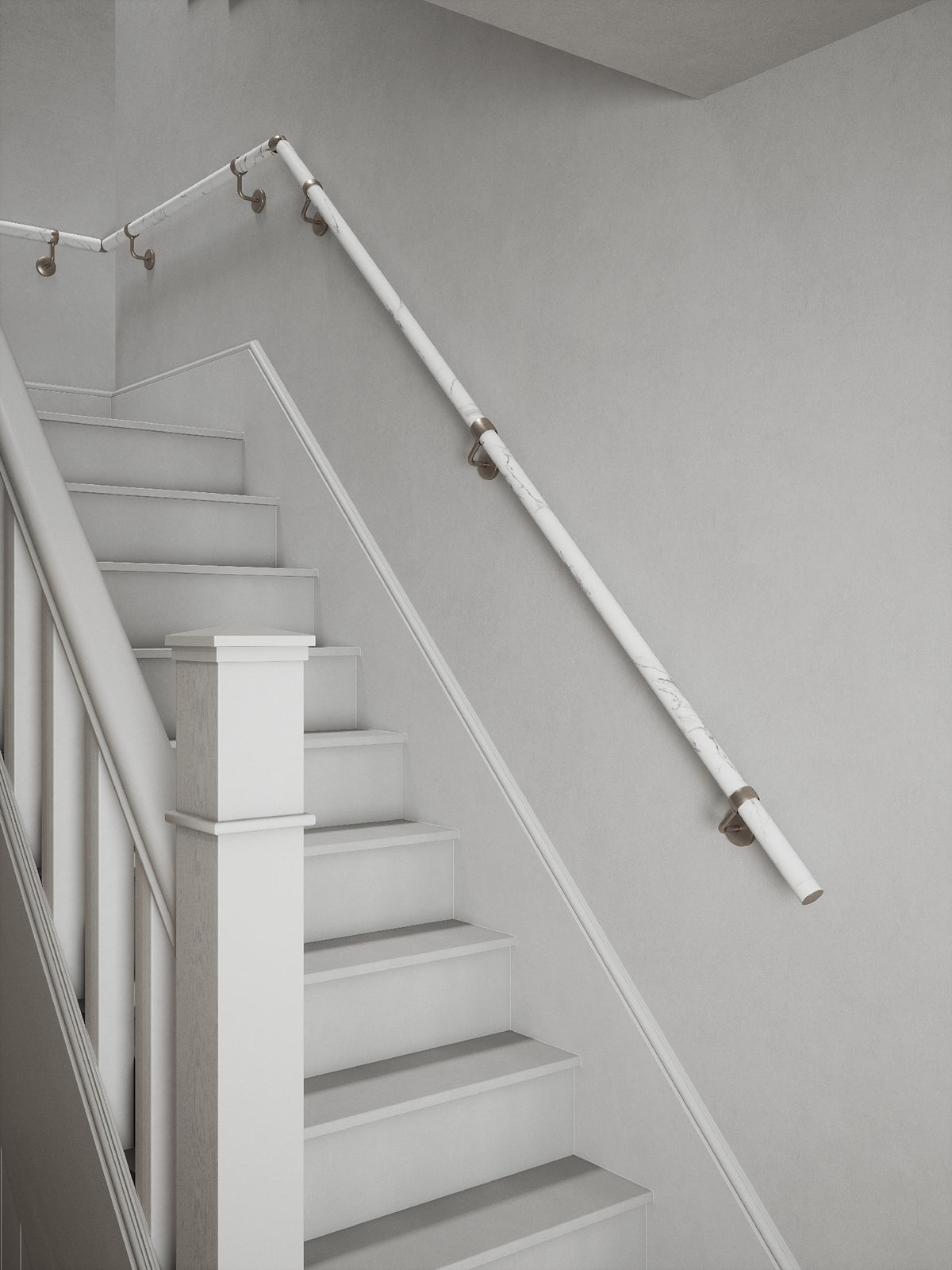 Montford Soft White Marble Quarter Landing Handrail with Harbury Brushed Silver brackets