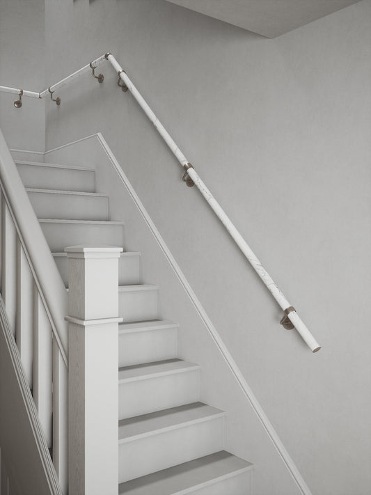 Montford Soft White Marble Quarter Landing Handrail with Harbury Brushed Silver brackets