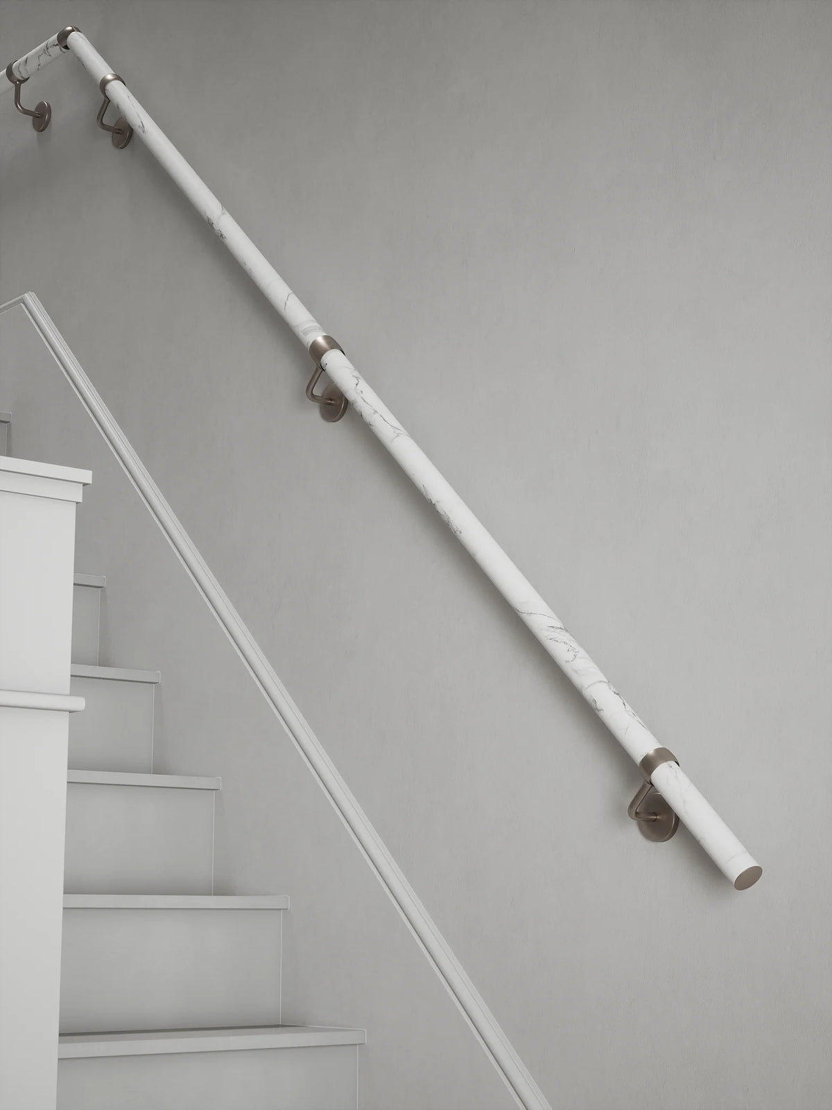 Montford Soft White Marble Quarter Landing Handrail with Harbury Brushed Silver brackets