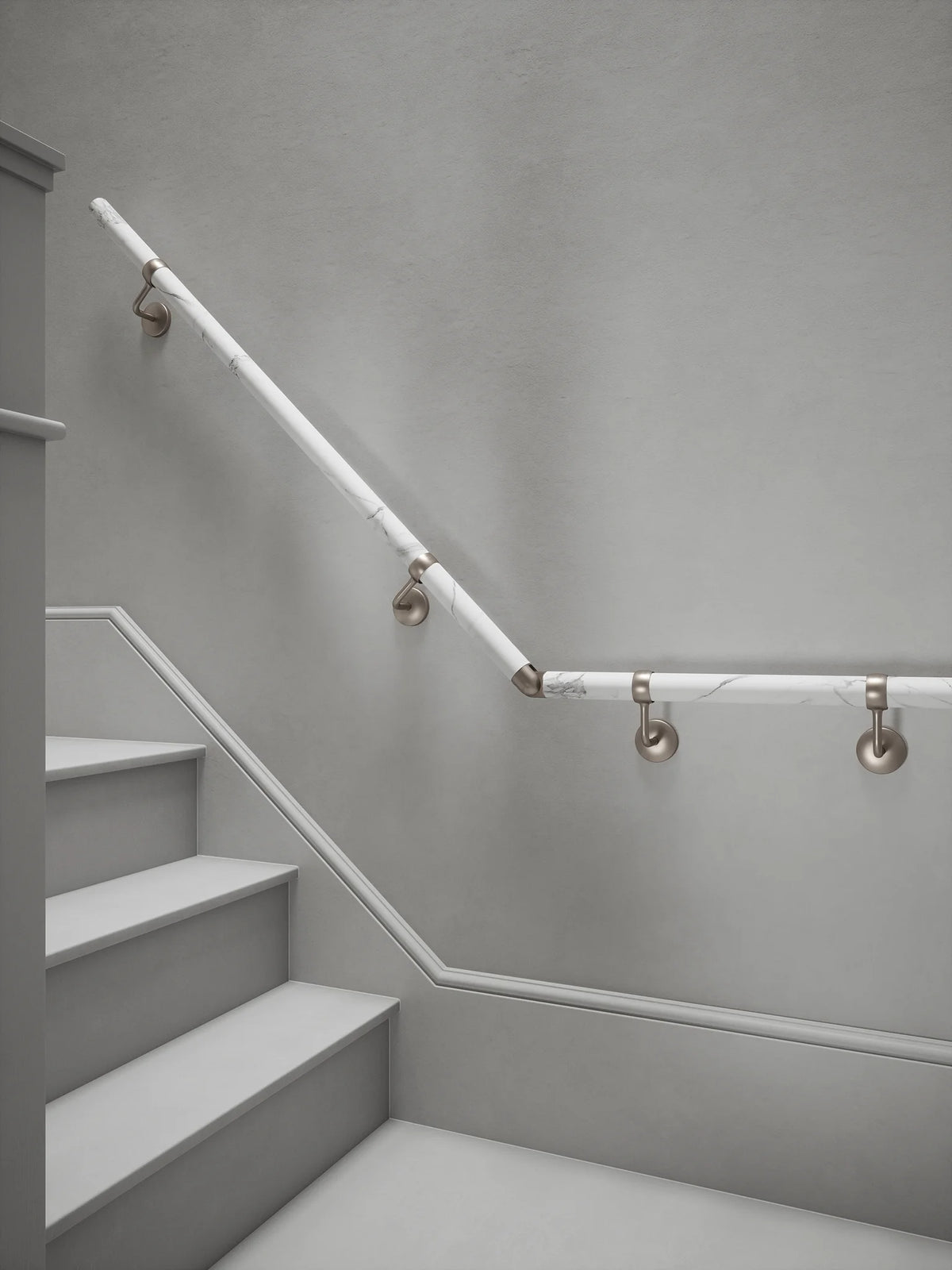 Montford Soft White Marble Quarter Landing Handrail with Harbury Brushed Silver brackets