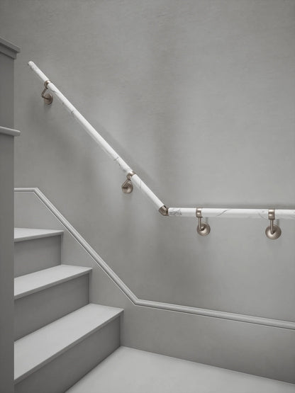 Montford Soft White Marble Quarter Landing Handrail with Harbury Brushed Silver brackets