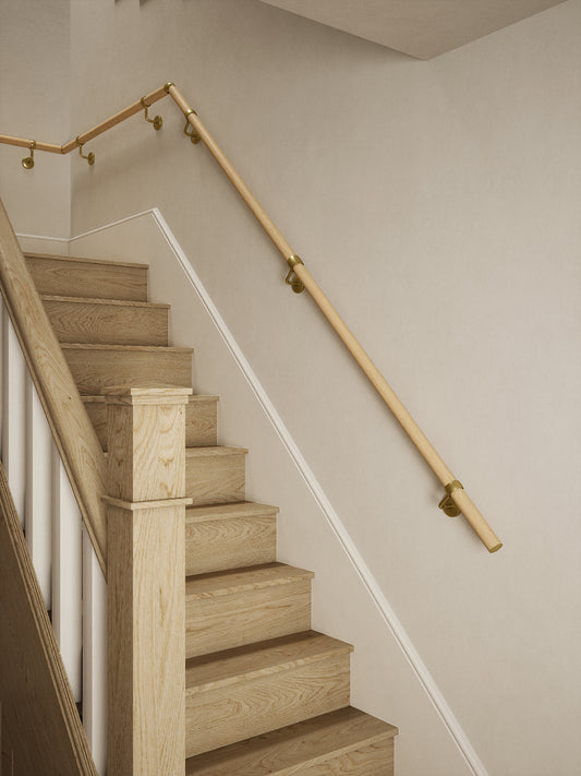 Arden Natural Pine Quarter Landing Handrail with Ashorne Satin Brass brackets
