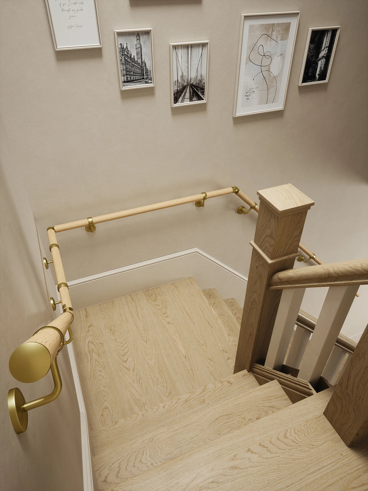 Arden Natural Pine Quarter Landing Handrail with Ashorne Satin Brass brackets