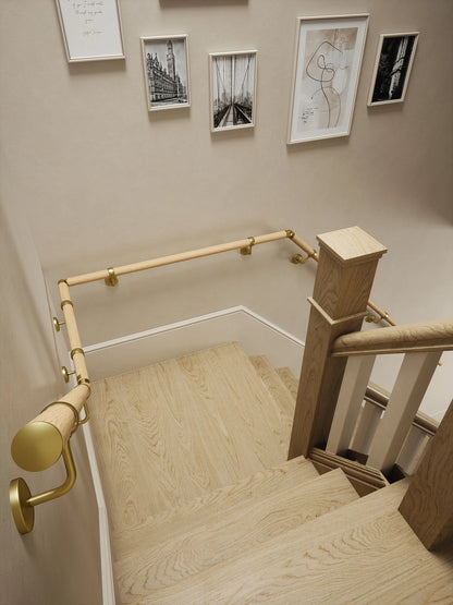 Arden Natural Pine Quarter Landing Handrail with Ashorne Satin Brass brackets