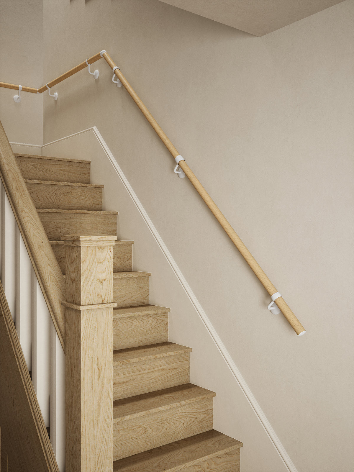 Arden Natural Pine Quarter Landing Handrail with Edstone Matt White brackets