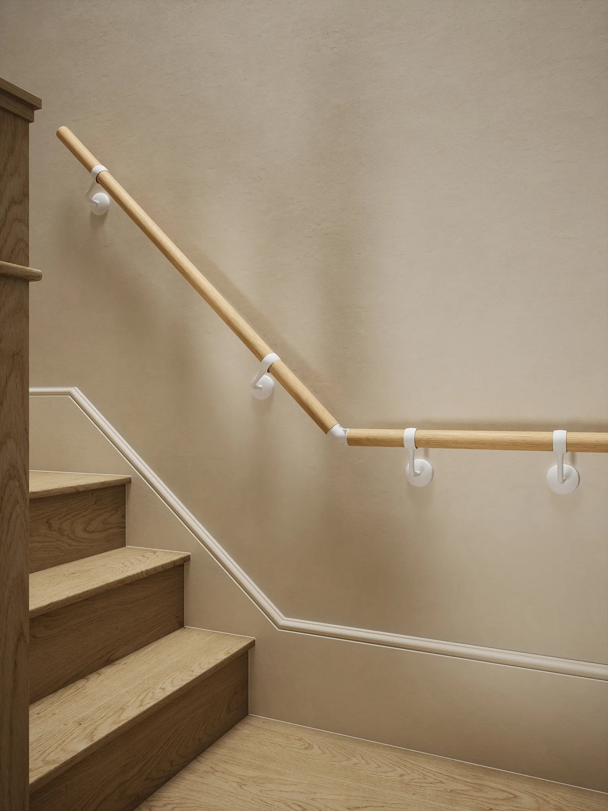 Arden Natural Pine Quarter Landing Handrail with Edstone Matt White brackets