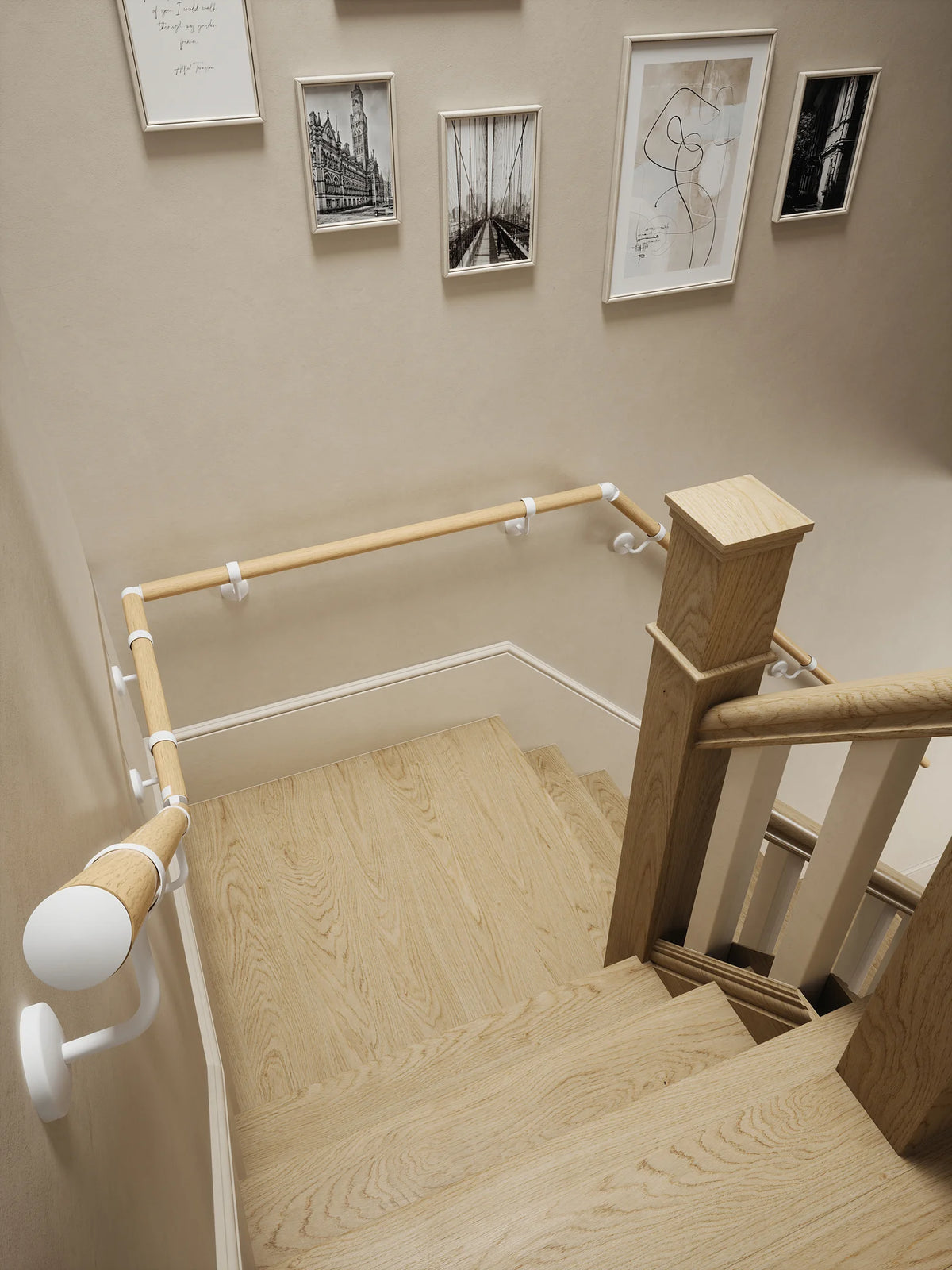 Arden Natural Pine Quarter Landing Handrail with Edstone Matt White brackets