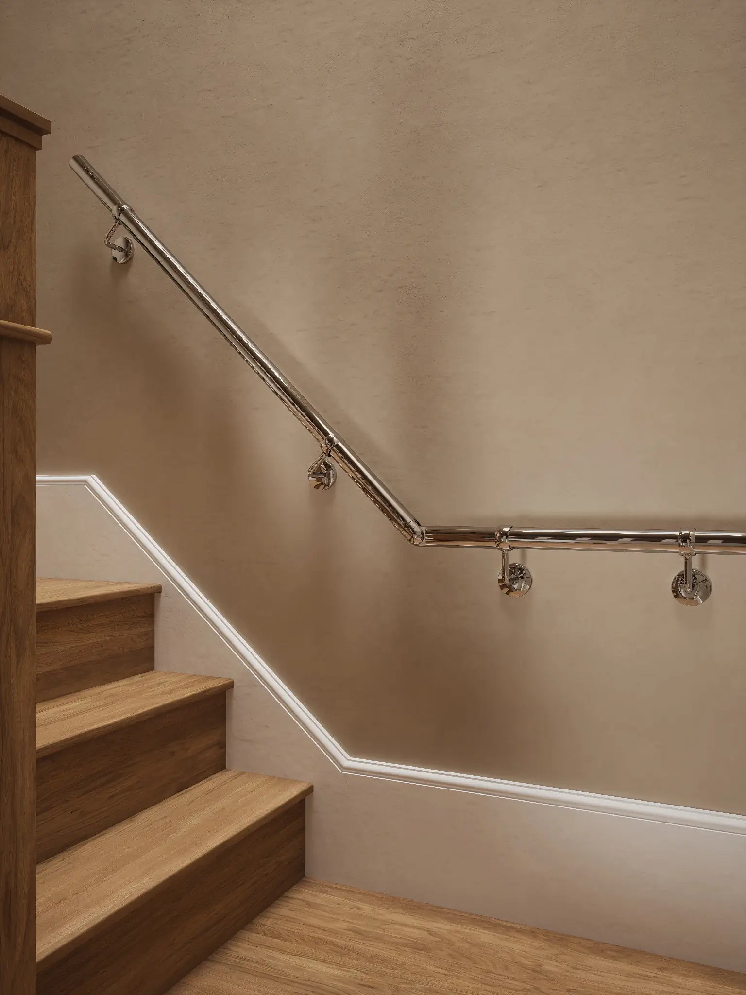Radway Chrome quarter landing handrail close up showing brackets and elbow