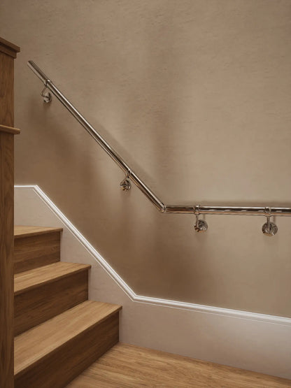 Radway Chrome quarter landing handrail close up showing brackets and elbow