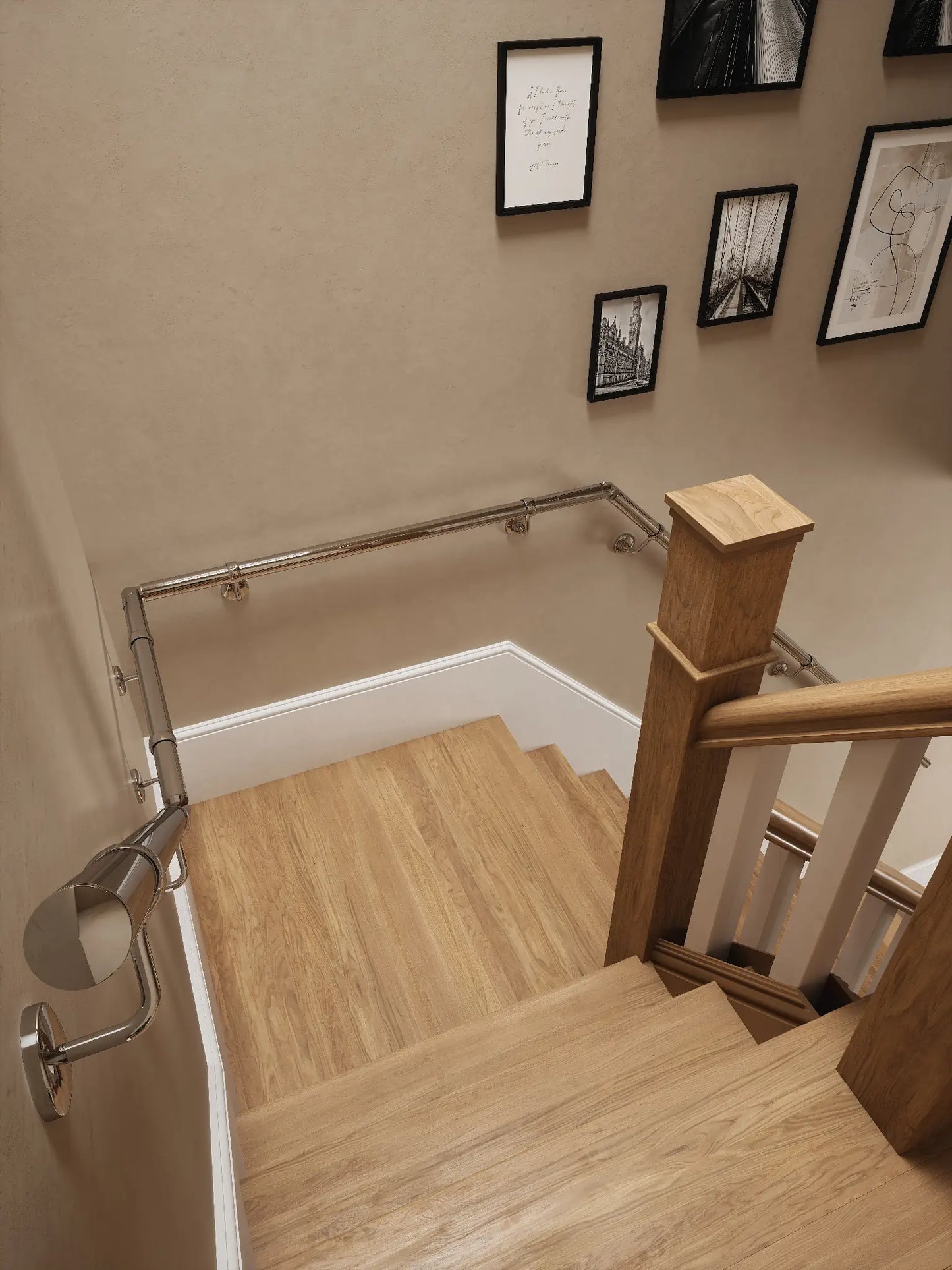 View down to B Radway Chrome quarter landing handrail system 