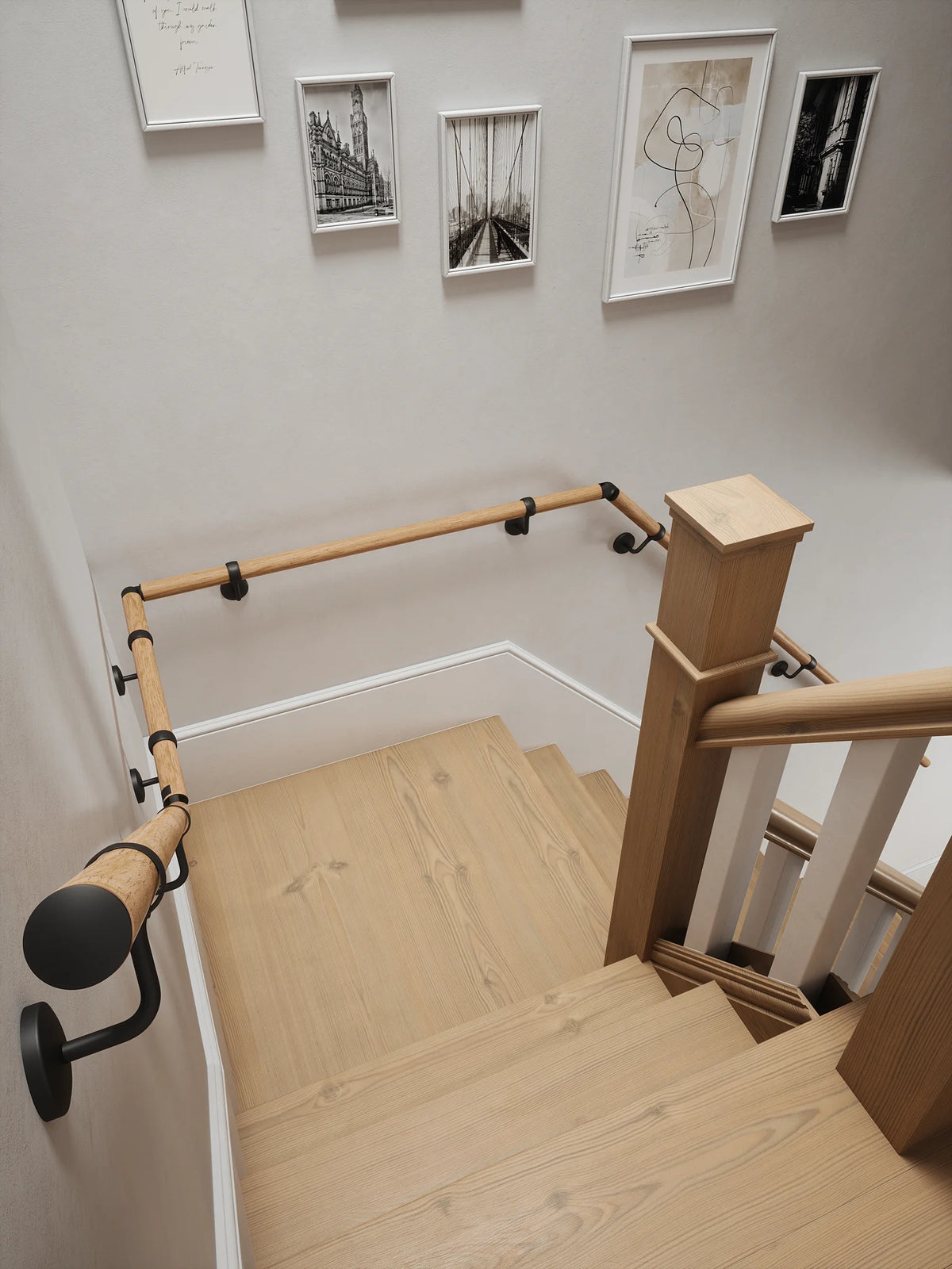 Stoneleigh Red Oak Quarter Landing Handrail with Kineton Matt Black brackets