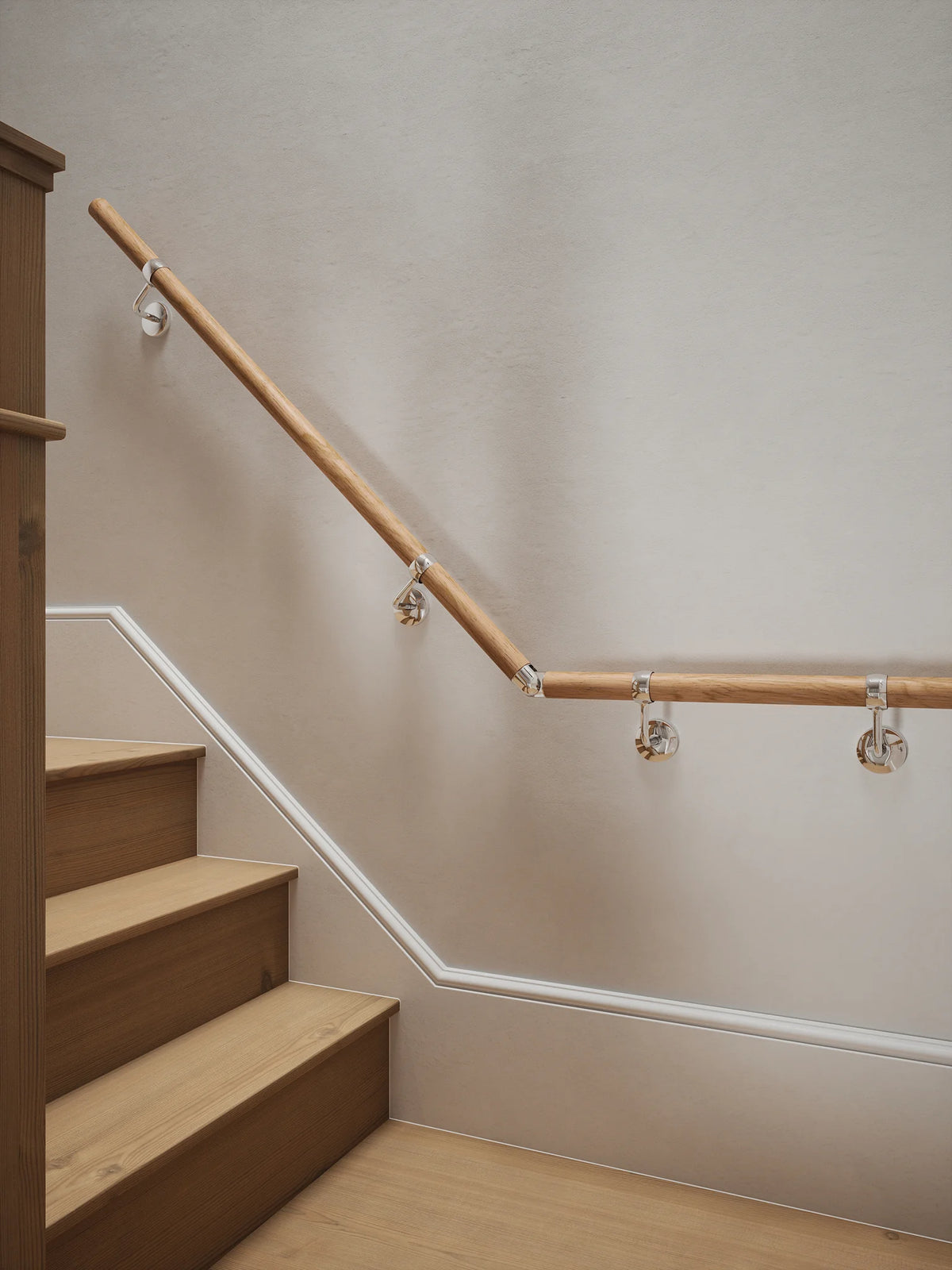 Stoneleigh Red Oak Quarter Landing Handrail with Radway Chrome brackets