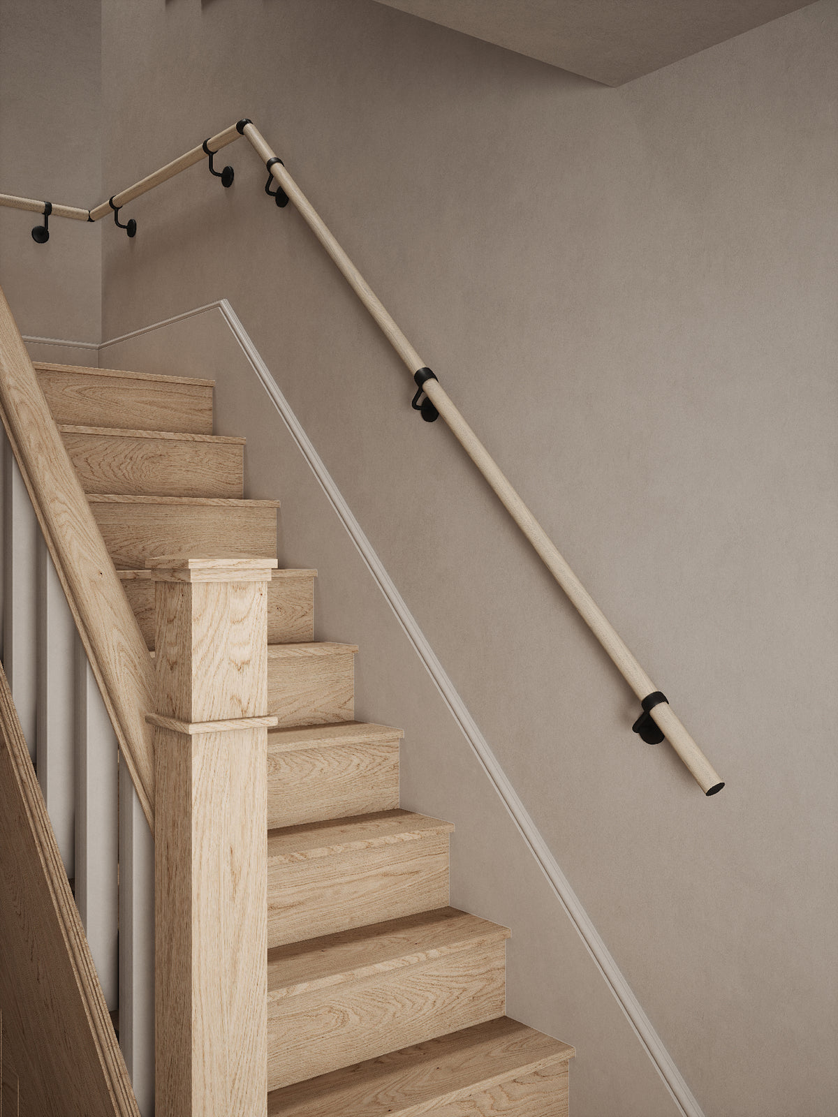Ryton Teak Quarter Landing Handrail with Kineton Matt Black brackets
