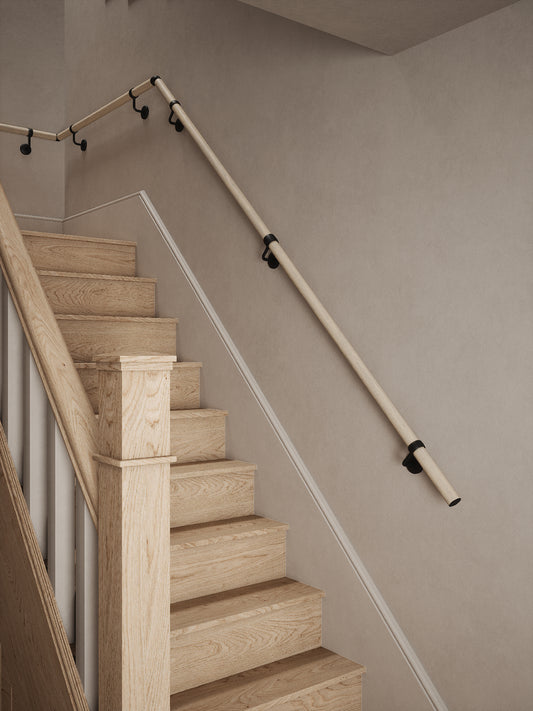 Ryton Teak Quarter Landing Handrail with Kineton Matt Black brackets