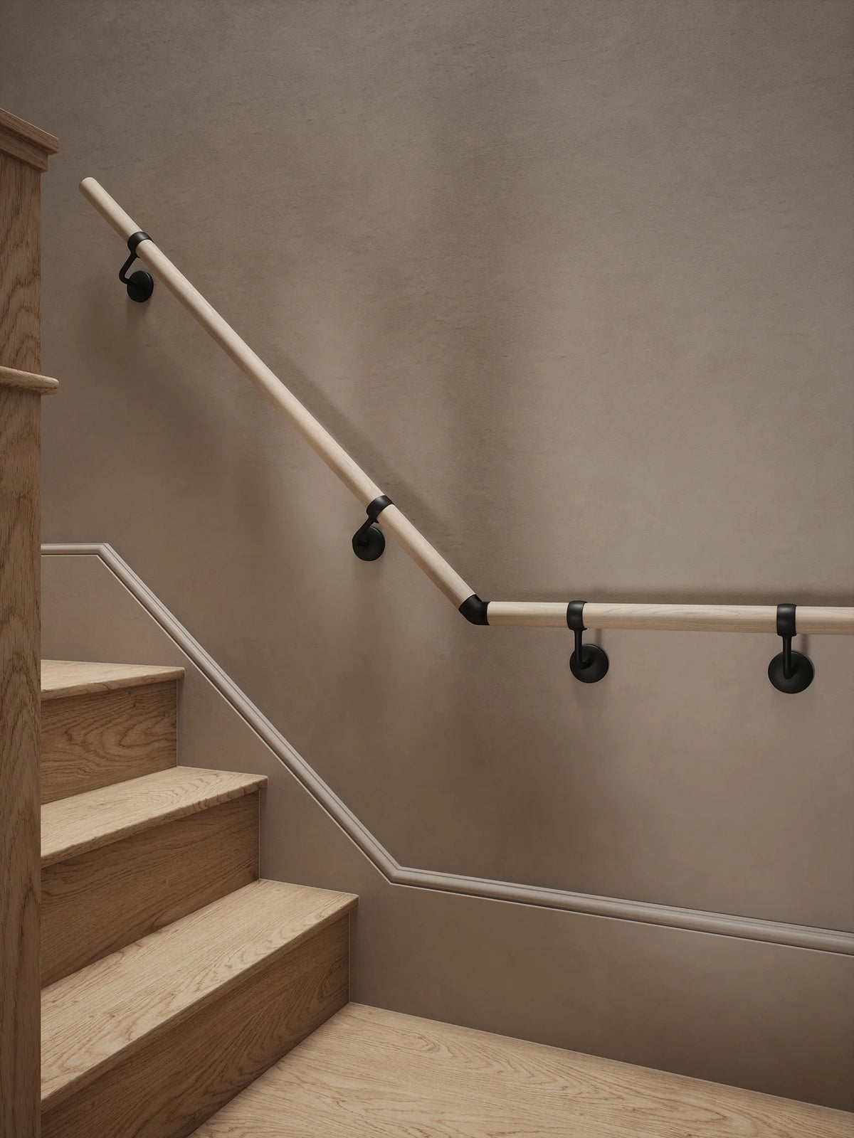 Ryton Teak Quarter Landing Handrail with Kineton Matt Black brackets