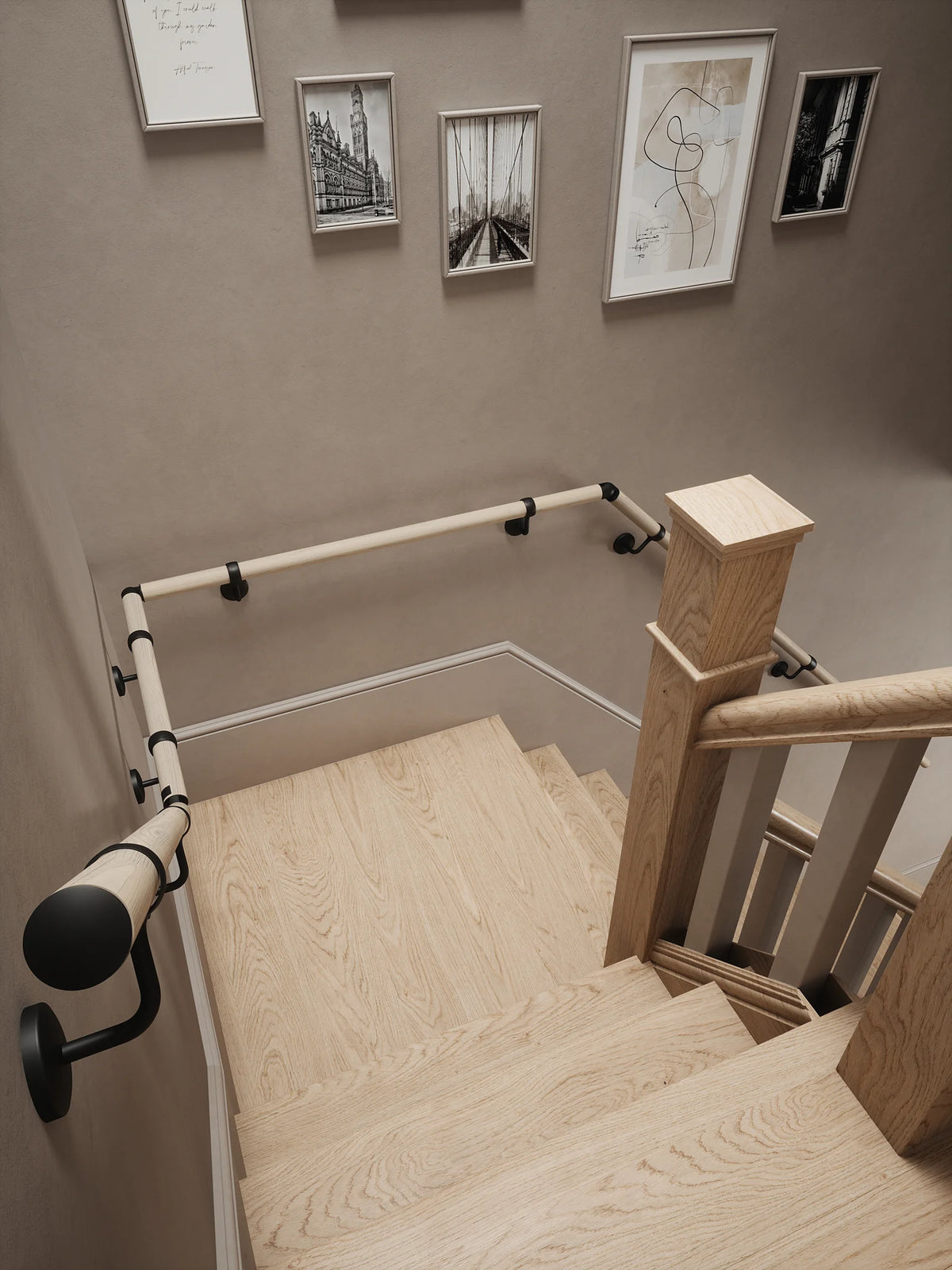 View down the quarter landing stairs showing Ryton Teak Quarter Landing Handrail with Kineton Matt Black brackets
