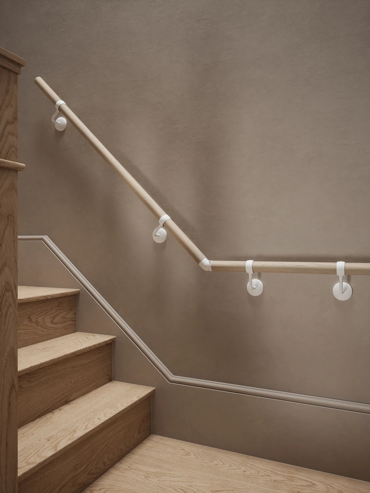 Ryton Teak Quarter Landing Handrail with Edstone Matt White brackets