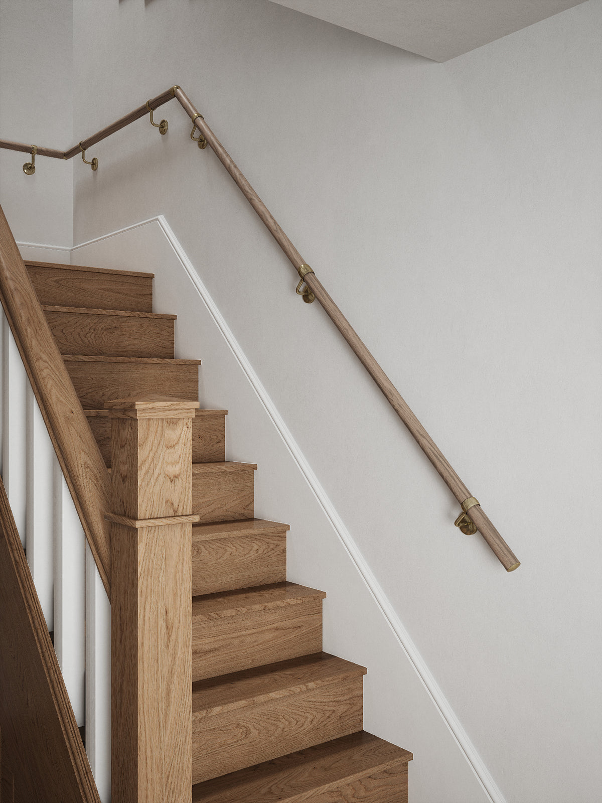 Oversley Walnut Quarter Landing Handrail with Loxley Antique Brass brackets