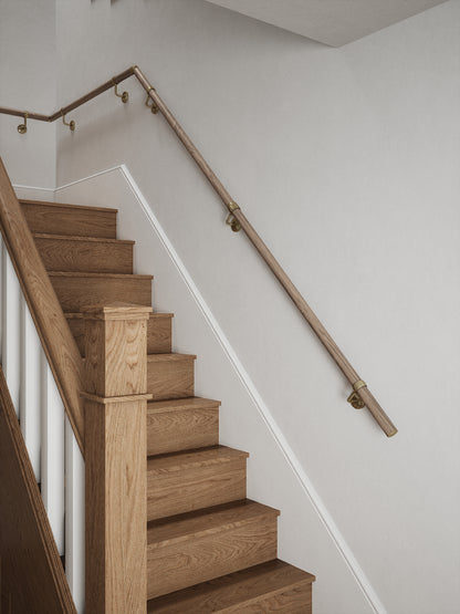 Oversley Walnut Quarter Landing Handrail with Loxley Antique Brass brackets